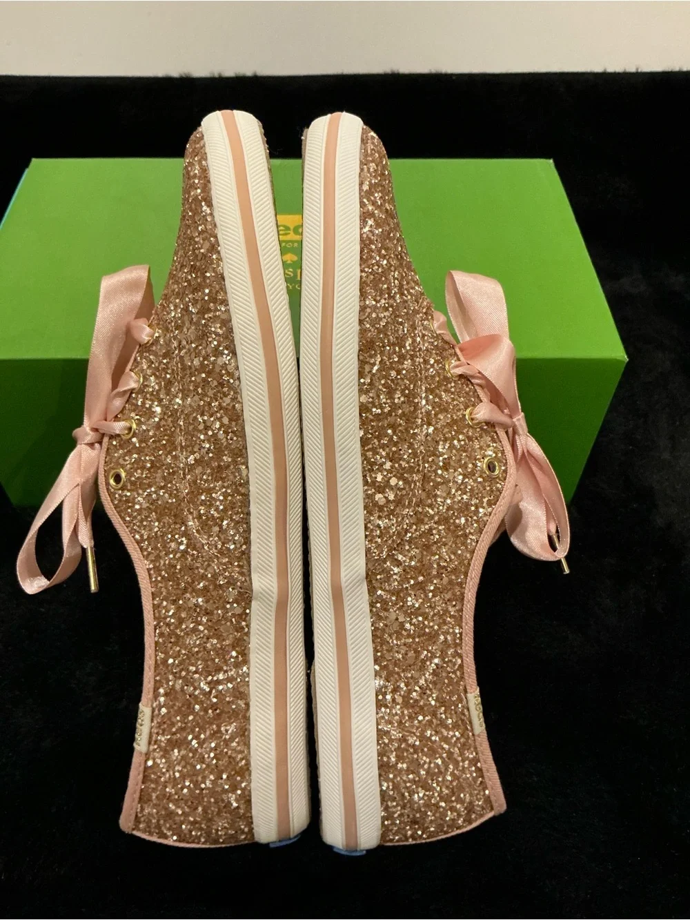 kate spade Rose Gold Glitter Sneakers with Pink Satin Laces